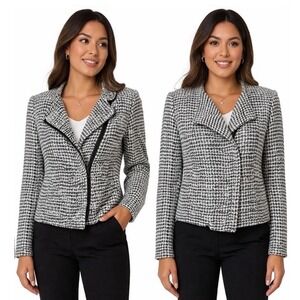 Ann Taylor LOFT Black White Textured Tweed Asymmetrical Jacket 6 Preppy 89-09‎